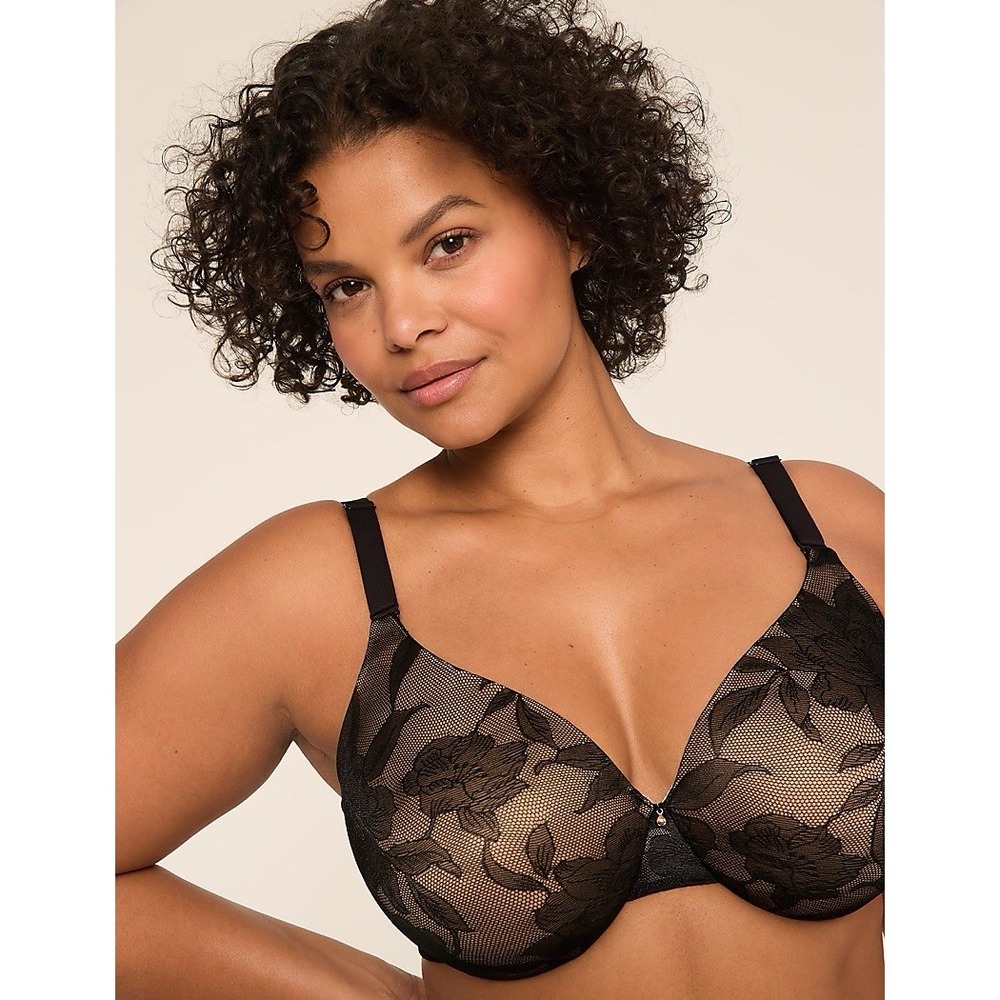 Cacique Invisible Lace Backsmoother Bra 40H Black Floral Full Coverage NWT